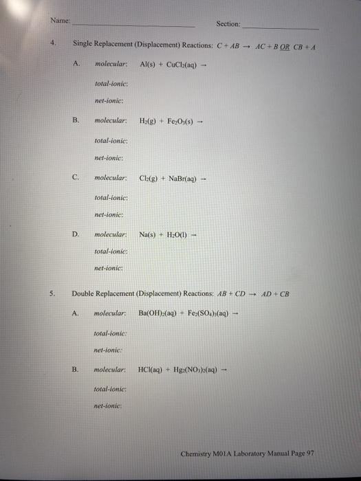 Solved 4. Single Replacement (Displacement) Reactions: | Chegg.com