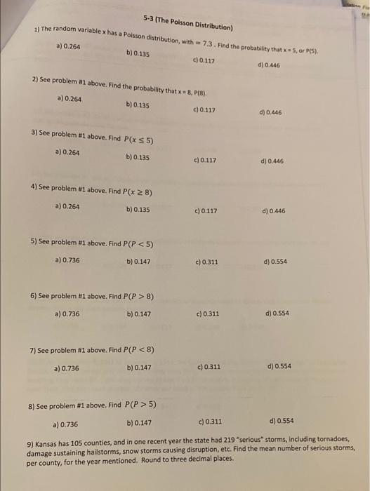 Solved ation Fi 5-3 (The Poisson Distribution) 1) The random | Chegg.com