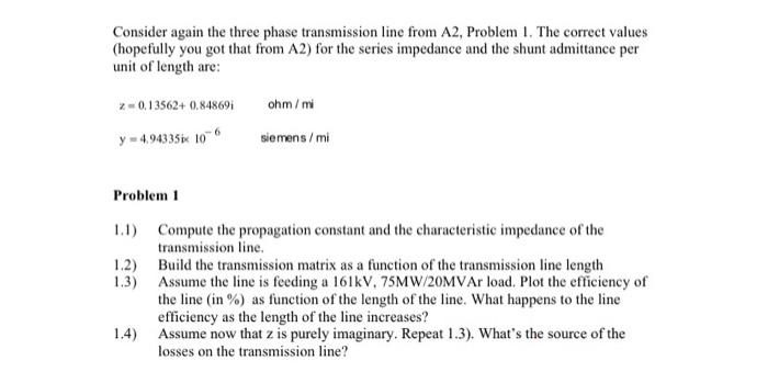 Solved Consider again the three phase transmission line from | Chegg.com