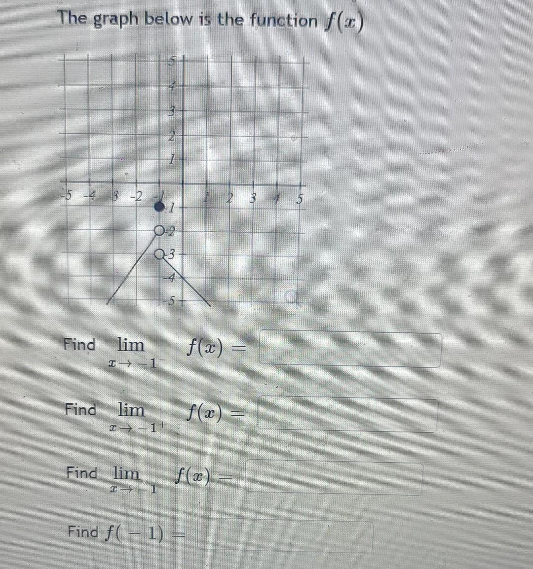 The graph below is the function f(x)
4
NA
Find lim
I??1
Find lim
x??1¹
Find lim
Find f(1) =
f(x) =
f(x) =