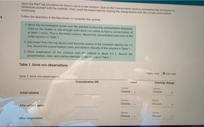 Open the PhET lab simulation for Beer's Law in a new | Chegg.com