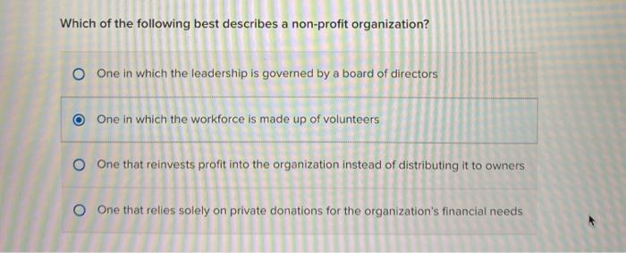 Solved Which Of The Following Best Describes A Non-profit | Chegg.com