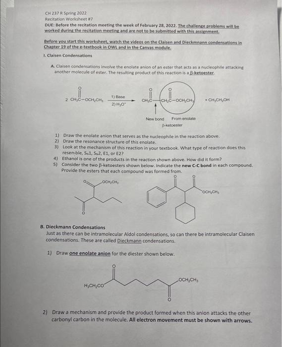 Solved CH 237 R Spring 2022 Recitation Worksheet #7 DUE: | Chegg.com