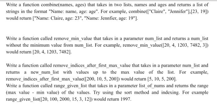 Solved Write a function combine(names, ages) that takes in | Chegg.com