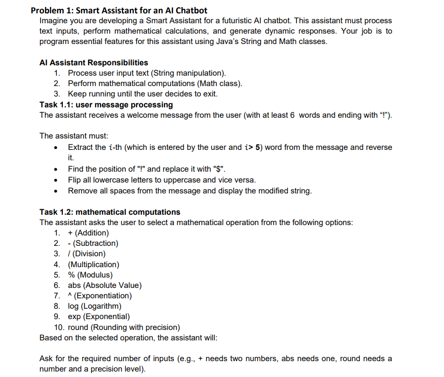 Solved Problem 1:(TO BE DONE IN JAVA) ﻿Smart Assistant for | Chegg.com image.