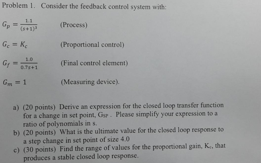 Solved Problem 1. Consider the feedback control system with: | Chegg.com