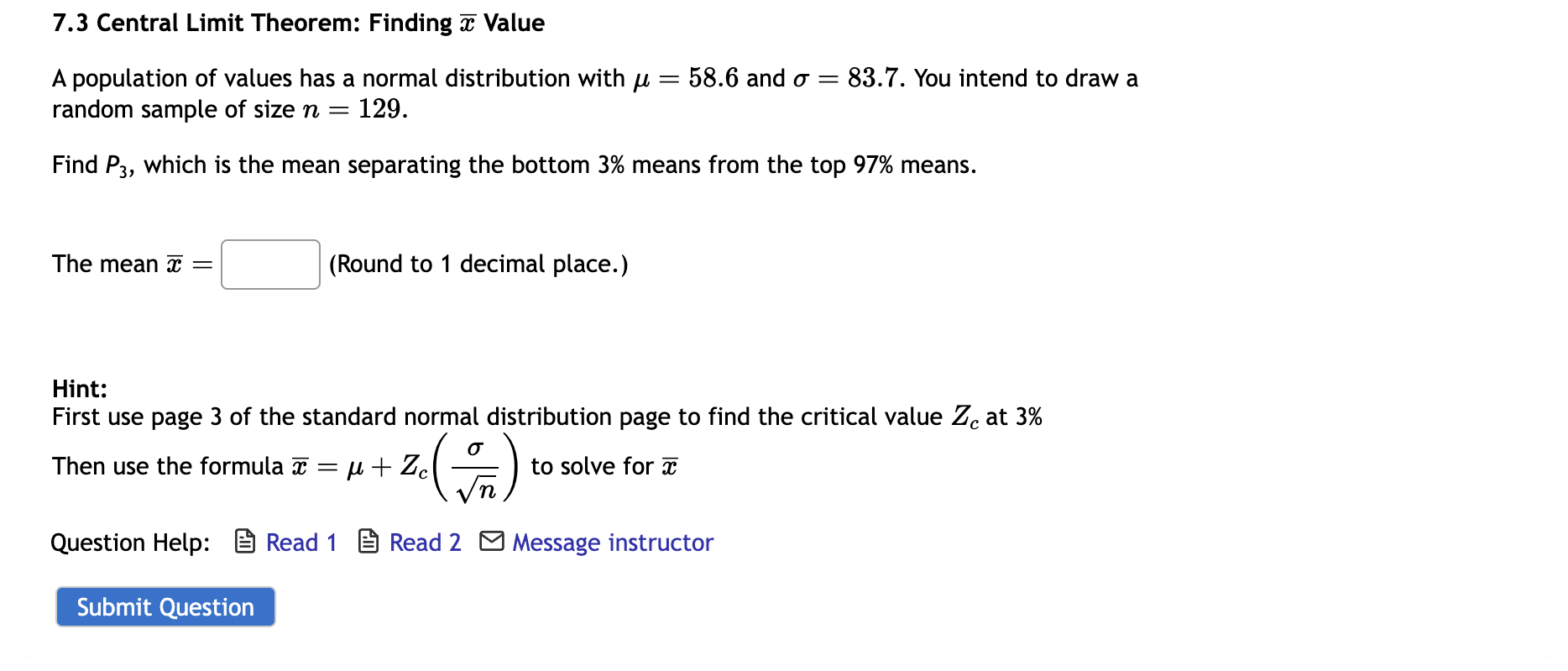 Solved 7.3 ﻿Central Limit Theorem Finding x‾ValueA