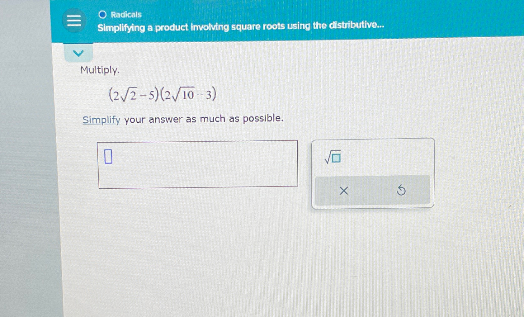 Solved RadicalsSimplifying a product involving square roots | Chegg.com