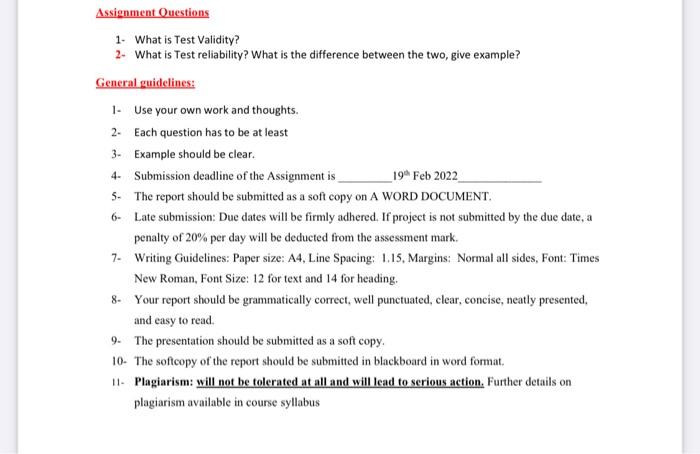 Solved Assignment Questions 1- What is Test Validity? 2- | Chegg.com