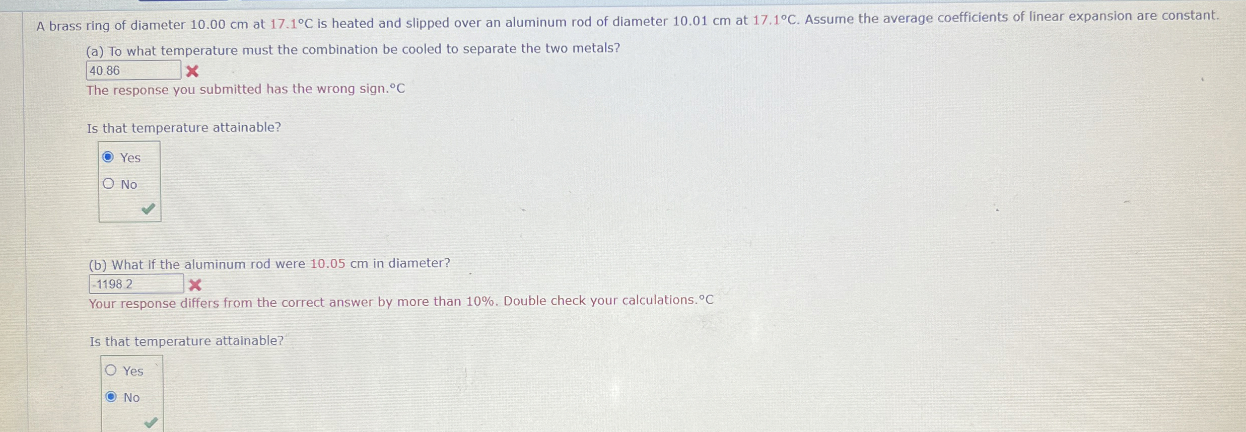 A brass ring of diameter 10.00 ﻿cm at 17.1°C ﻿is
