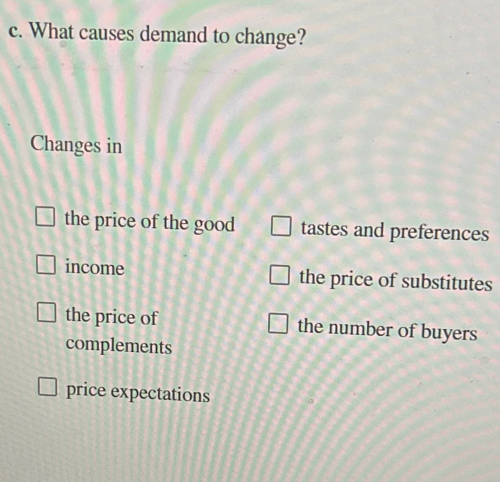 Solved c. ﻿What causes demand to change?Changes inthe price | Chegg.com