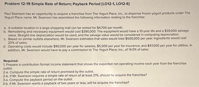 Solved Problem 12-19 Simple Rate of Return; Payback Period | Chegg.com