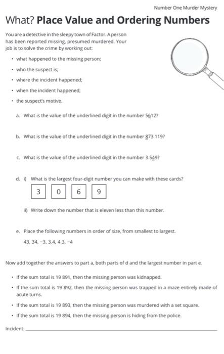 Ordering Numbers with 3 Digits with Place Value Math Murder Mystery #135