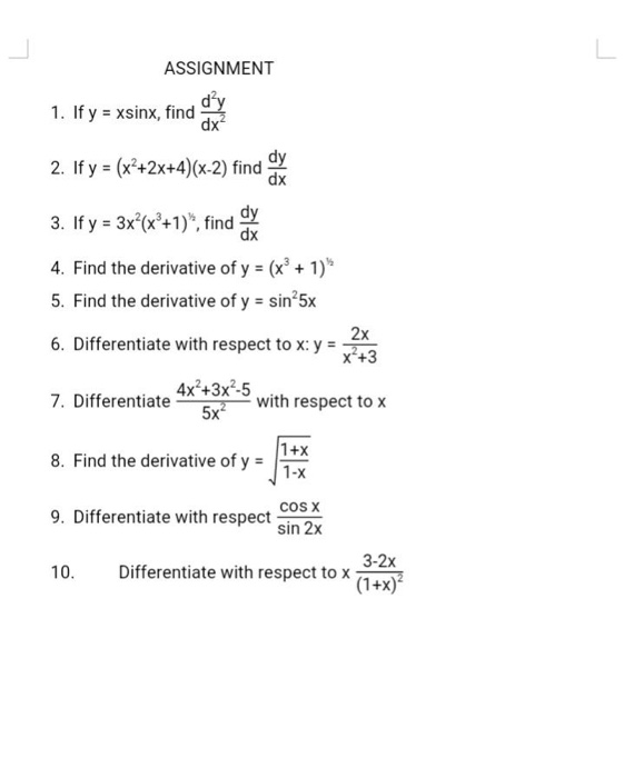 Assignment 1 If Y Xsinx Find Dx Dy 2 If Y Chegg Com