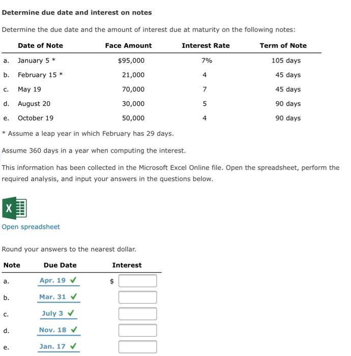 Solved Determine due date and interest on notes Determine