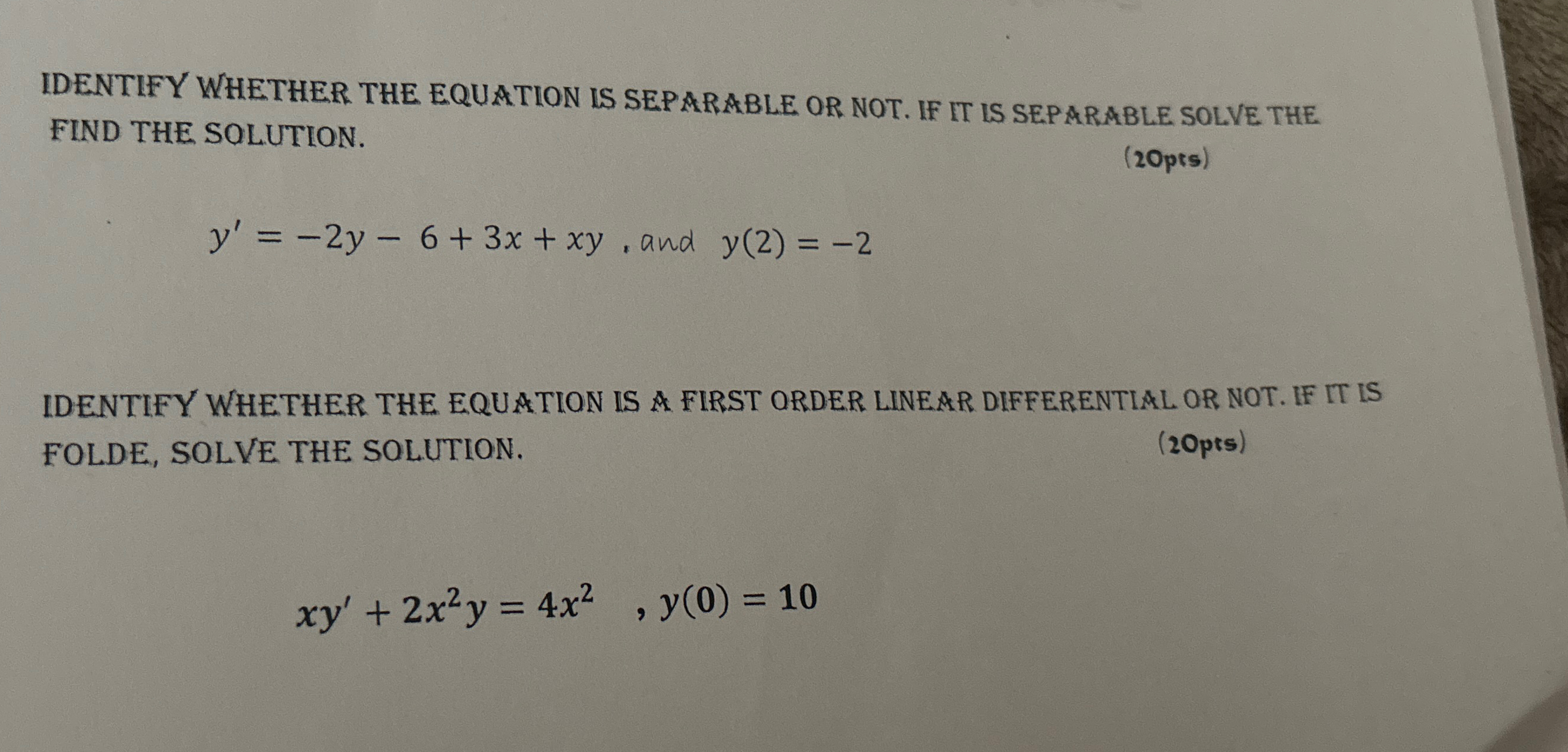 Solved IDENTIFY WHETHER THE EQUATION IS SEPARABLE OR NOT. IF | Chegg.com