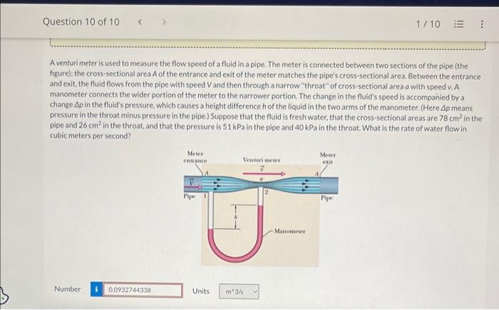Solved A venturi meter is used to measure the flow speed of | Chegg.com