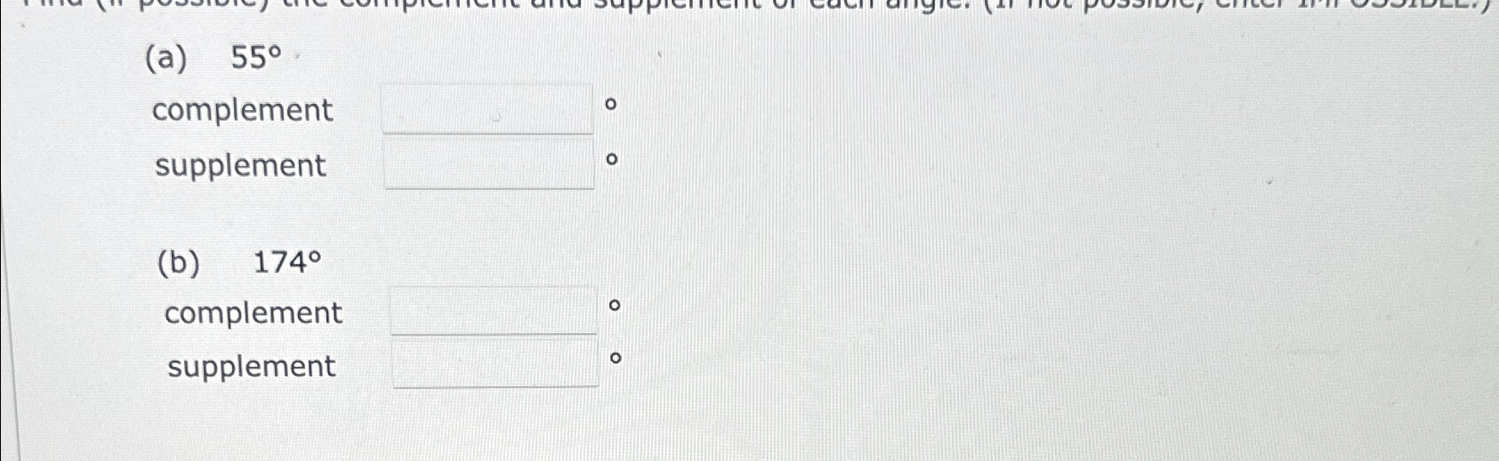Solved (a) 55°complementsupplement(b) 174°complementsuppleme | Chegg.com