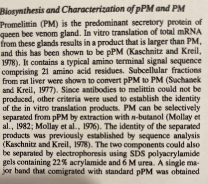 Biosynthesis and Characterization of pPM and PM Promelittin (PM) is the predominant secretory protein of queen bee venom glan