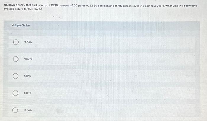 Solved You own a stock that had returns of 10.35 percent, | Chegg.com
