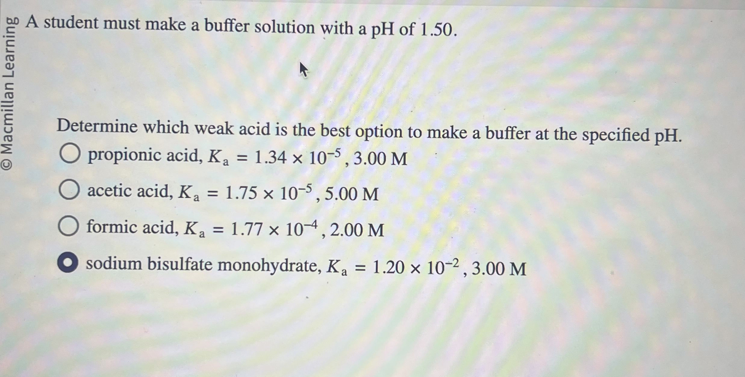 Solved A student must make a buffer solution with a pH of | Chegg.com