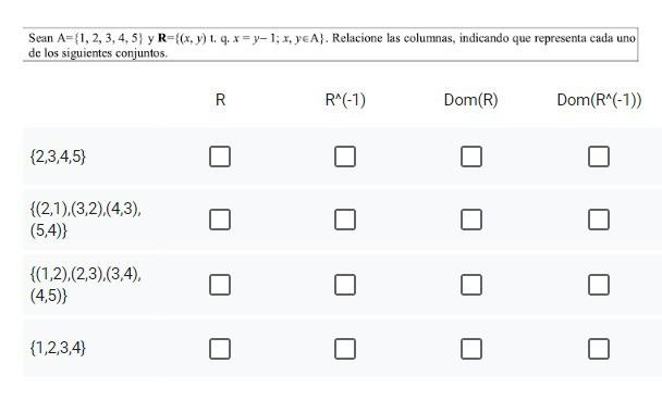 Sean \( \mathrm{A}=\{1,2,3,4,5\} \) y \( \mathbf{R}=\{(x, y) \) t. \( \mathrm{q}, x=y-1 ; x, y \in \mathrm{A}\} \). Relacione