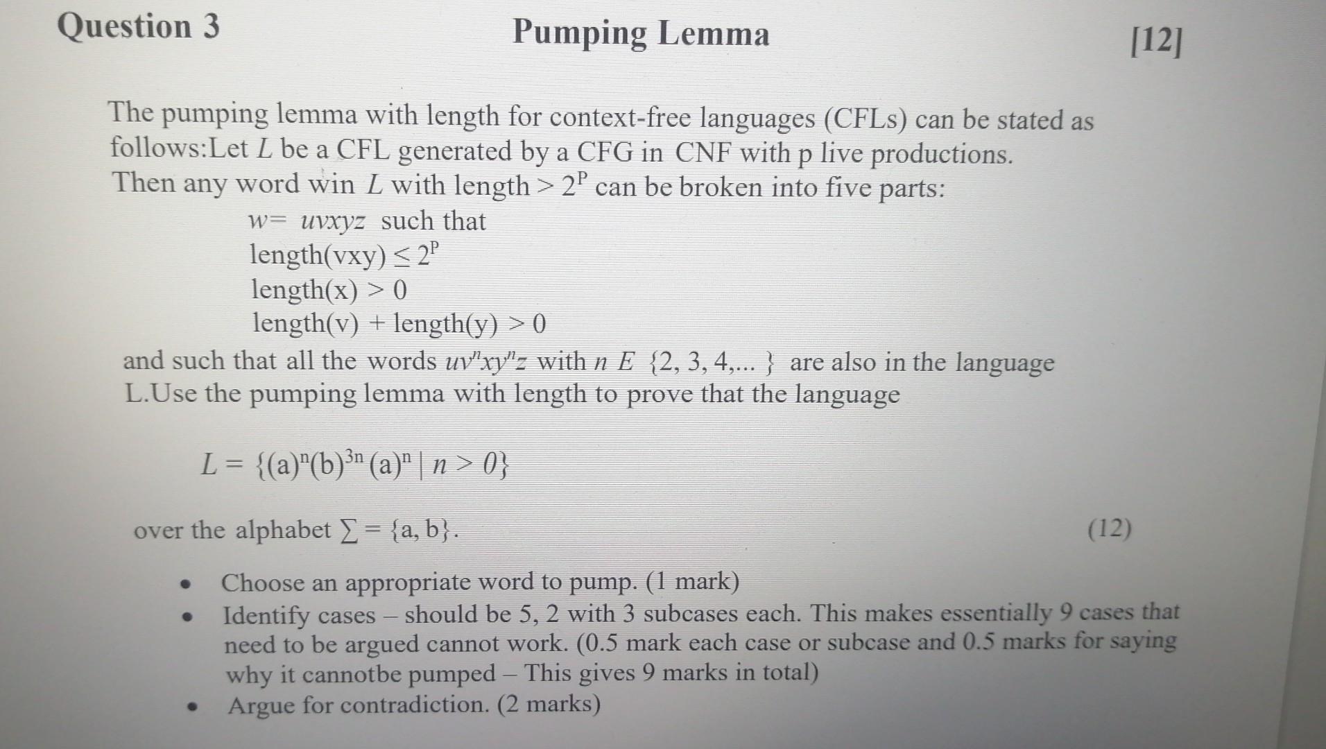 Solved Question 3 Pumping Lemma [12] The pumping lemma with