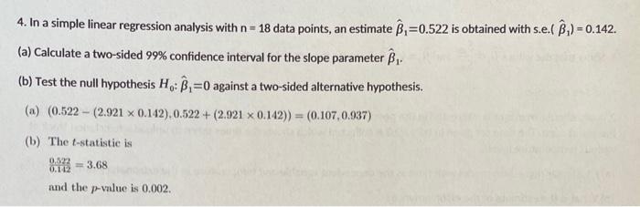 Solved 4. In a simple linear regression analysis with n= 18 | Chegg.com