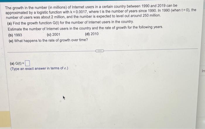 Solved The growth in the number (in millions) of Internet | Chegg.com