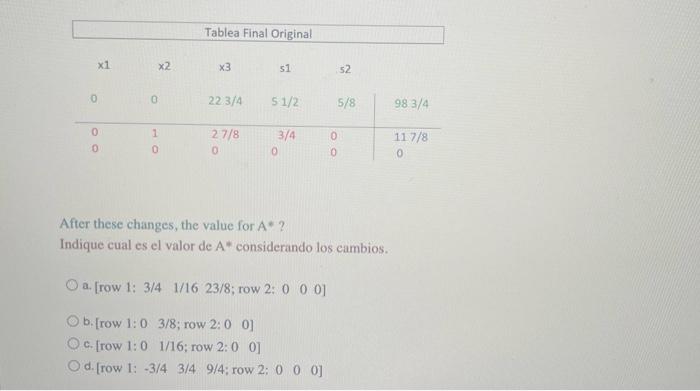 After these changes, the value for \( A * \) ? Indique cual es el valor de \( \mathrm{A}^{*} \) considerando los cambios. a.