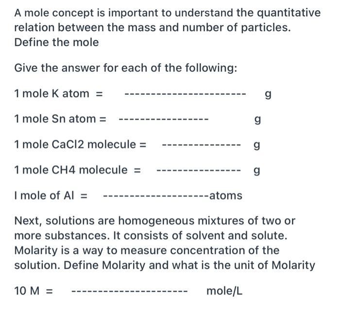 Solved A mole concept is important to understand the | Chegg.com