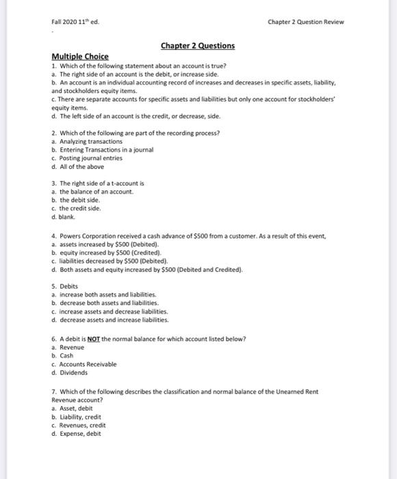 Solved Chapter 2 Questions Multiple Choice 1. Which of the | Chegg.com
