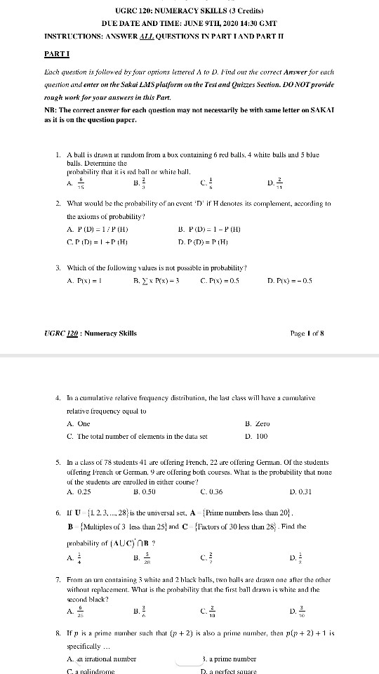 Solved UGRC 120: NUMERACY SKILLS (3 Credits) DUE DATE AND | Chegg.com