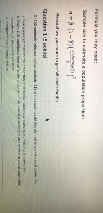 Solved Formula You May Need Sample Size To Estimate A Po Chegg Com