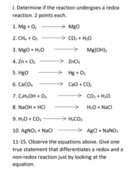 Solved 1. Determine if the reaction undergoes a redox | Chegg.com
