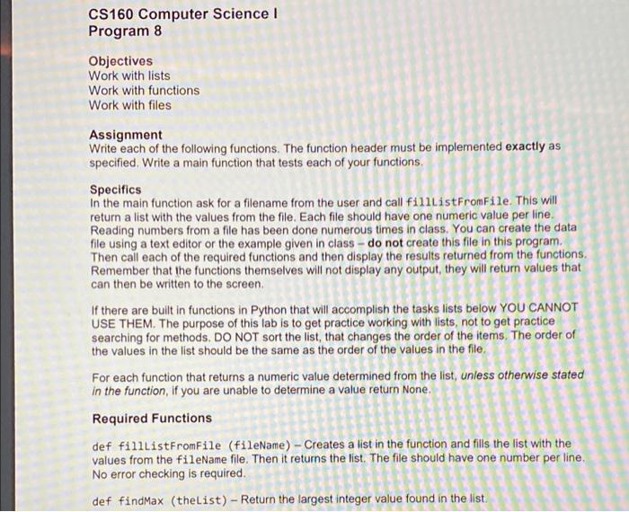 Solved CS160 Computer Science ! Program 8 Objectives Work | Chegg.com