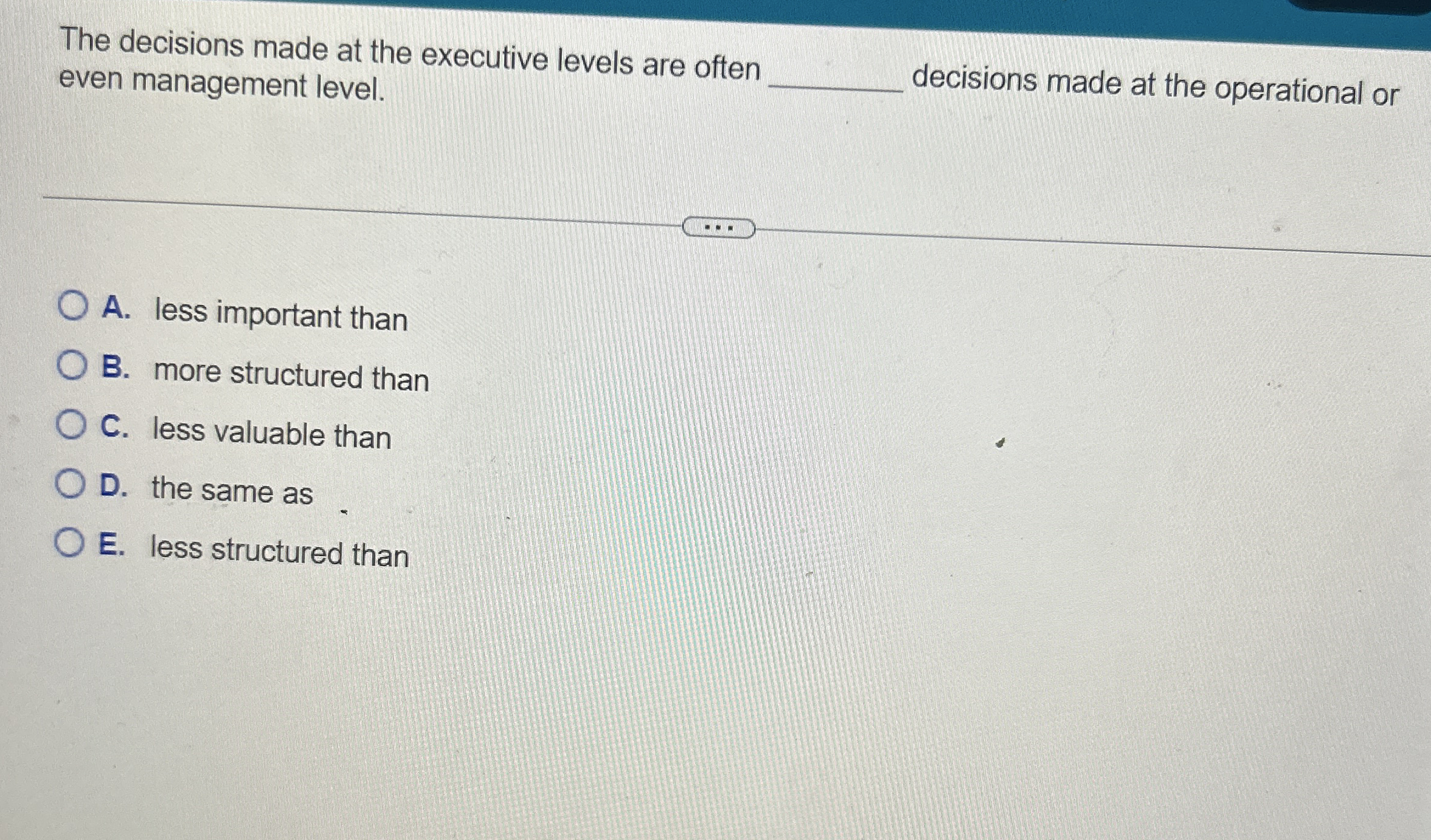 Solved The decisions made at the executive levels are | Chegg.com