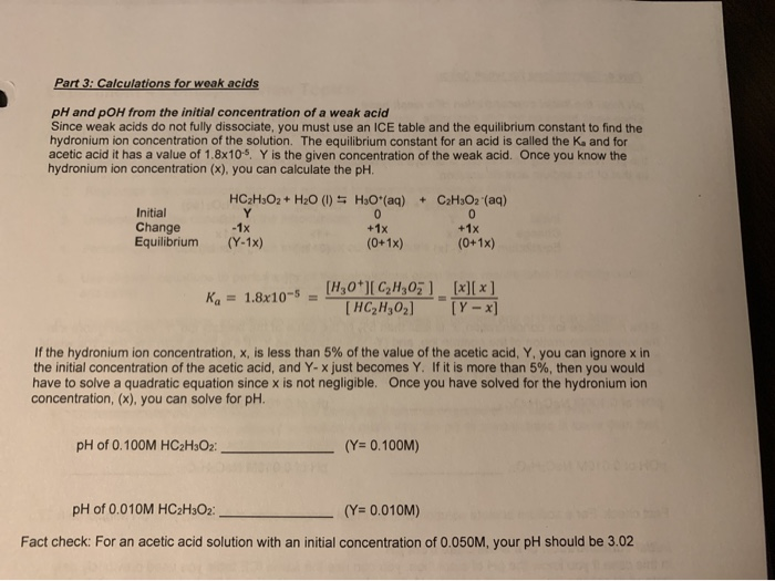 Solved Part 3: Calculations for weak acids pH and pOH from | Chegg.com