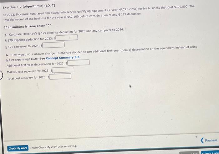 Solved Exercise 5-7 (Algorithmic) (LO. 7) In 2023, McKenzie | Chegg.com