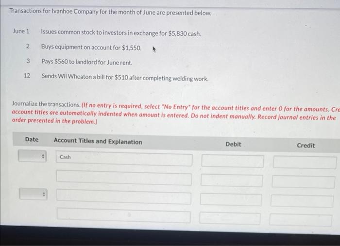 Solved Transactions for Ivanhoe Company for the month of | Chegg.com