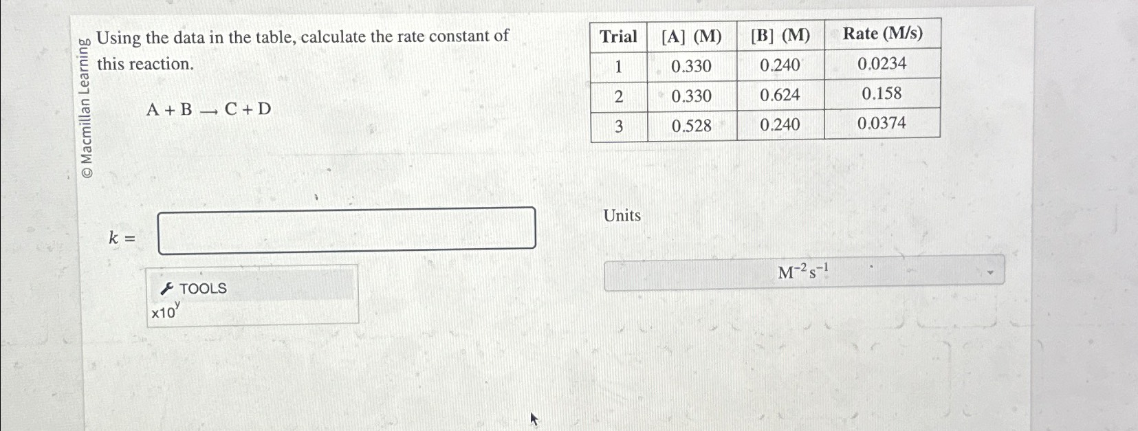 Solved no Using the data in the table, calculate the rate | Chegg.com