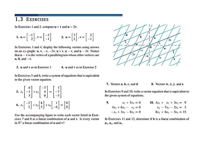 Solved 1.3 EXERCISES In Exercises 1 and 2. compute u + v and | Chegg.com