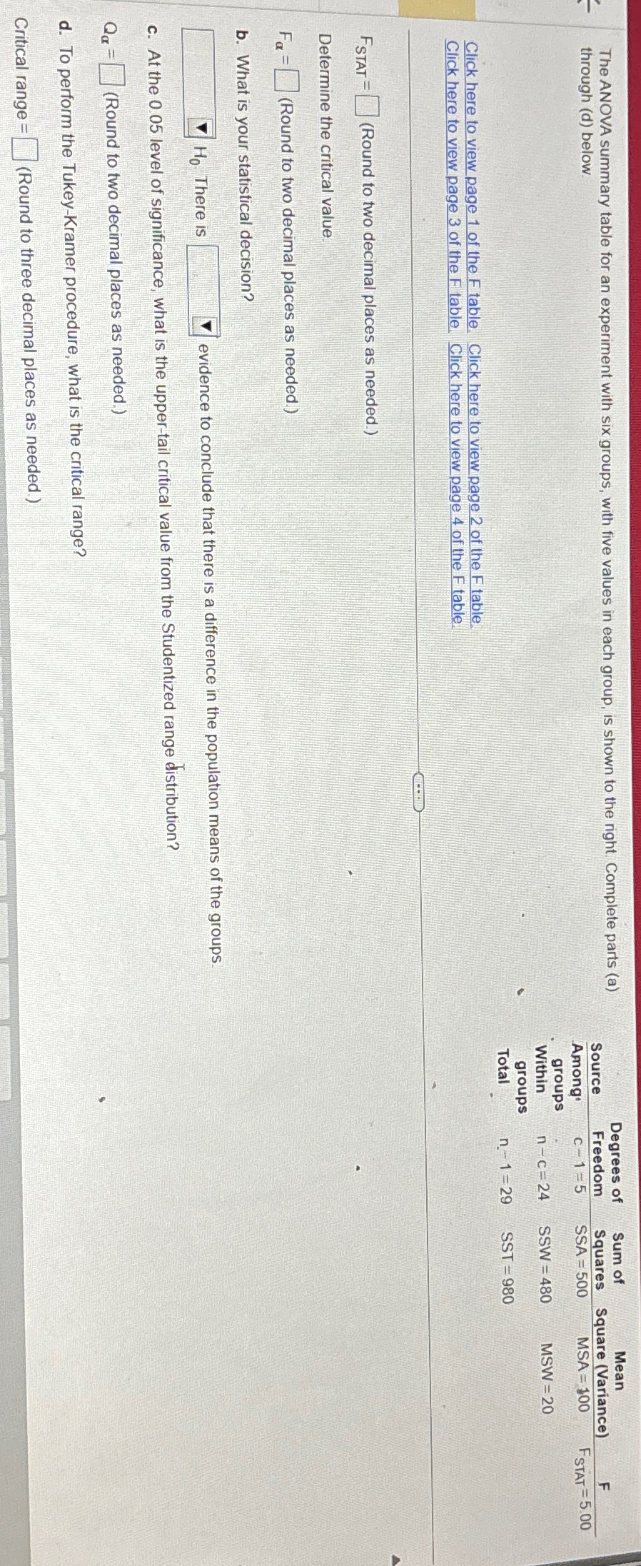 The ANOVA Summary Table For An Experiment With Six | Chegg.com | Chegg.com