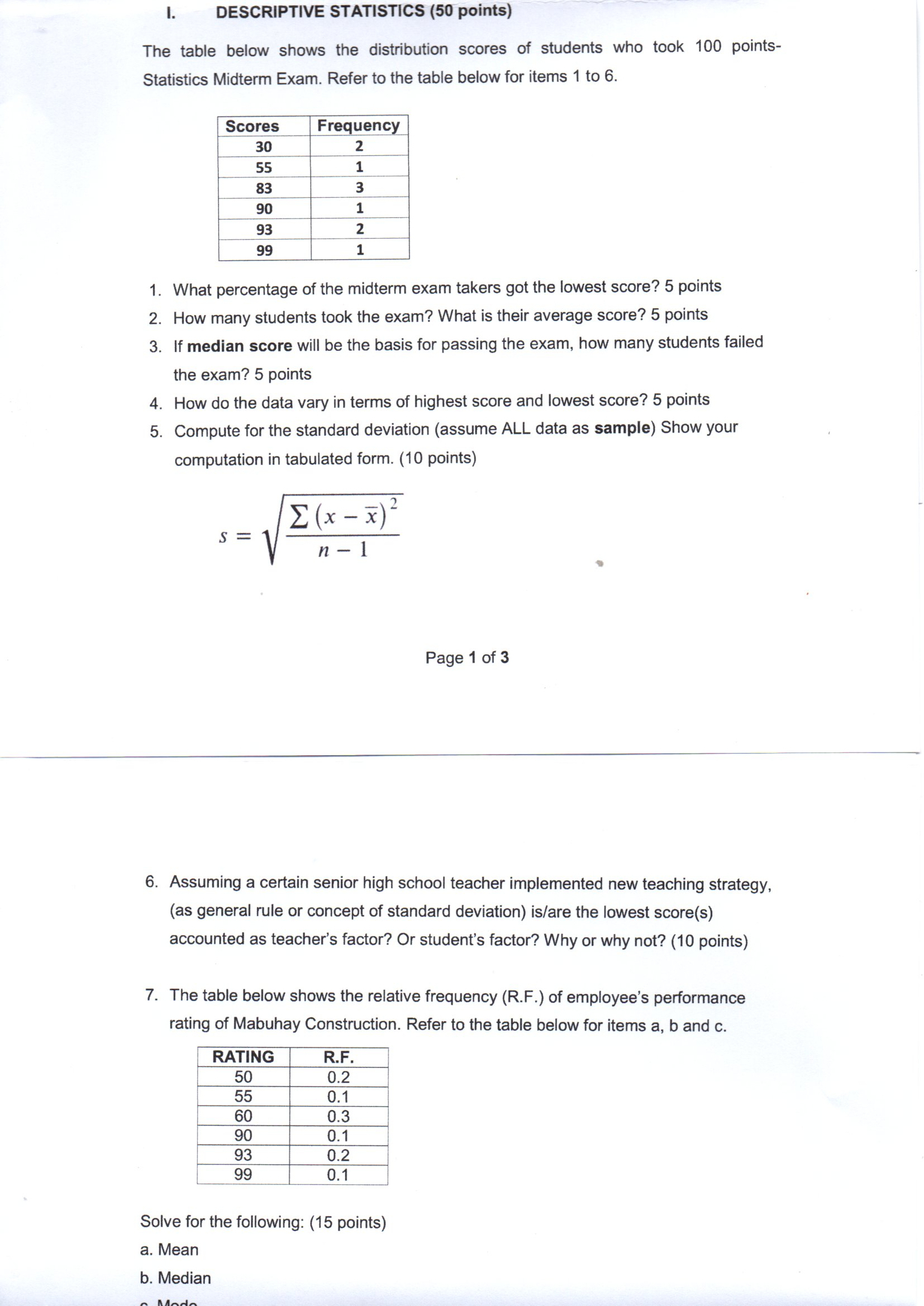 Solved I. DESCRIPTIVE STATISTICS (50 ﻿points)The table below | Chegg.com
