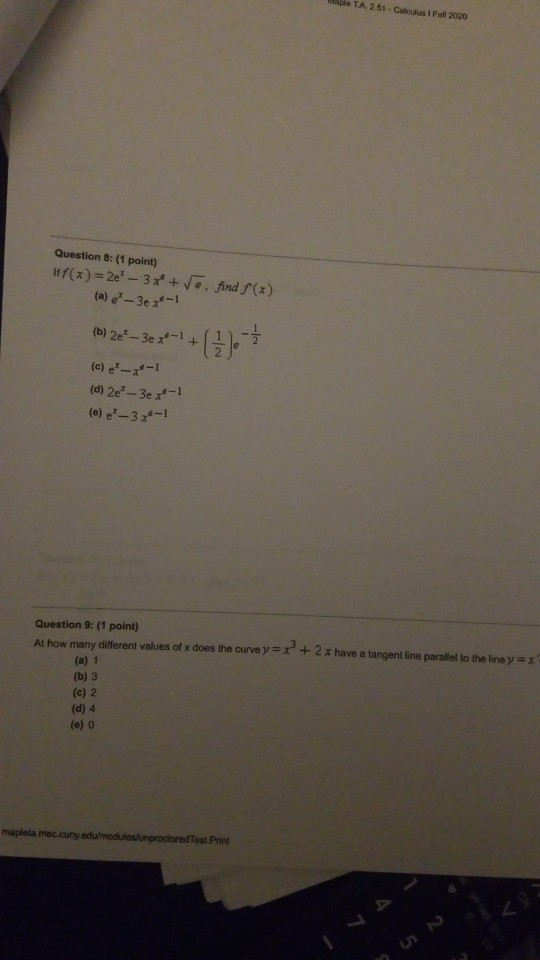 Solved Ta 251 Calculus I Fall Question 8 1 Point Chegg Com