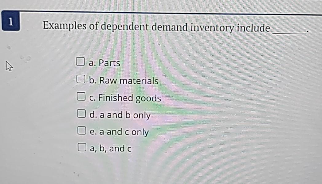 Solved 1 Examples of dependent demand inventory include O a. | Chegg.com