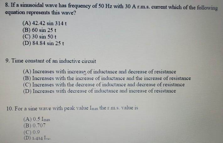 Solved 8. If a sinusoidal wave has frequency of 50 Hz with | Chegg.com