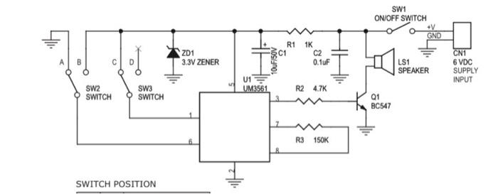 Solved SW1 ON/OFF SWITCH +V GND R1 ZD1 3.3V ZENER 10uF/50V | Chegg.com