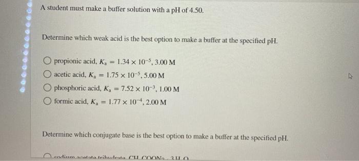 Solved A student must make a buffer solution with a pH of | Chegg.com