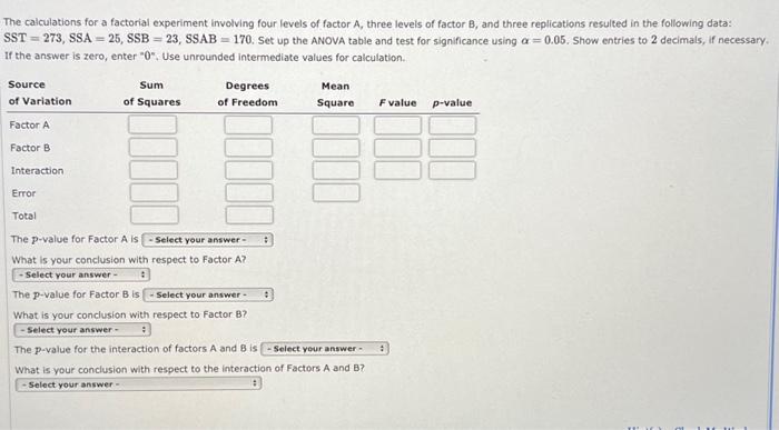 Solved The Calculations For A Factorial Experiment Involving | Chegg.com